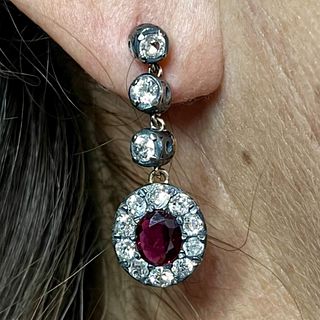 18K Yellow Gold & Silver Top Ruby and Diamond Earrings