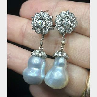Art Deco Platinum South Sea Pearl and Diamond Earrings
