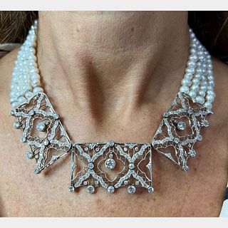 Art Deco Platinum 13.90 Ct. Diamond & Pearl Necklace