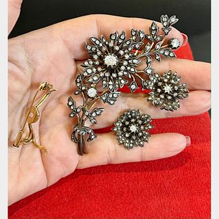 Victorian 18K & Silver Top Diamond Earrings and Brooch Set