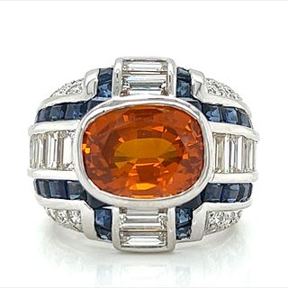 18K White Gold Orange Sapphire, Sapphire, and Diamond Ring