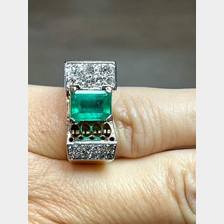 Retro 18K & Platinum Top Emerald and Diamond Ring