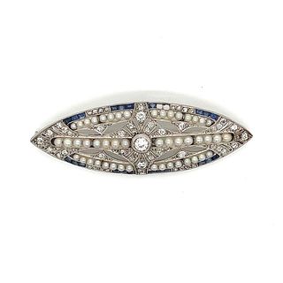 Platinum Art Deco Diamond Sapphire Pearl Brooch