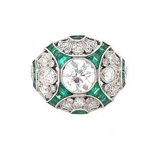 Platinum Art Deco Diamond Emerald Ring