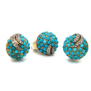 18k Retro Turquoise Diamond Earrings Ring SetÂ 