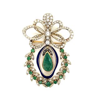 18k Early Victorian Diamond Emerald Enamel Brooch PendantÂ 
