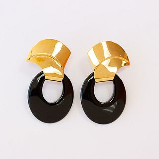 Funky Art Deco Black Onyx Earrings, 14k
