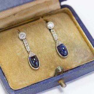 Art Deco Sapphire Cabochon & Diamond Earrings, Platinum