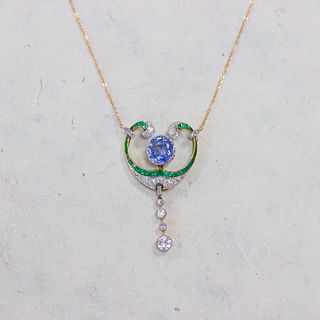 Edwardian Sapphire, Emerald, Diamond & Enamel Pendant, Platinum & 18k