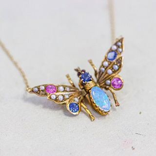 Antique Opal Butterfly Pendant with Ruby, Sapphire & Pearl, 18k