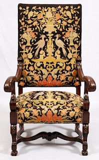 FRENCH CARVED WALNUT OPEN ARMCHAIR