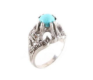 Art Deco Sterling Silver Turquoise & Beaded Ring