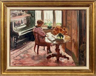 A JOSMAR OIL ON CANVAS WOMAN READING IN PARLOR
