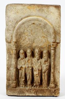 HAND CARVED PANEL W/ FOUR SAINTS IN ARCHWAY