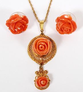 CORAL AND GOLD NECKLACE AND EARRINGS