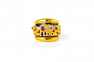 A Maria Grazia Cassetti Gold, Enamel, Ruby and Diamond Ring