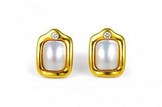 A Pair of Marlene Stowe Gold, Diamond and Mabe Pearl Earclips