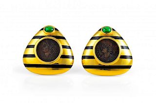A Pair of Elizabeth Gage Gold, Enamel and Tourmaline Antique Coin Earrings
