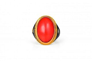 A Gold, Coral, Diamond and Enamel Ring