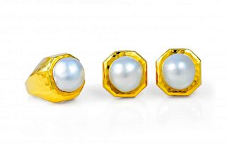 A Henry Dunay Gold and Pearl Ring and Earrings Set