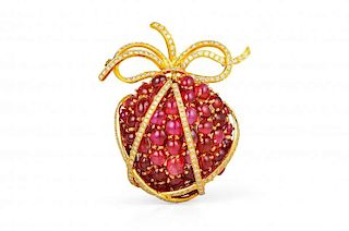 A Gold, Ruby and Diamond Brooch In The Style of Verdura
