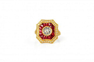 A Gold, Ruby, Diamond and White Sapphire Ring