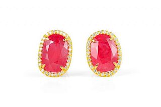 A Pair of Gold, Ruby and Diamond Earrings