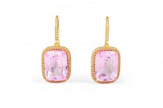 A Pair of Gold, Morganite and Diamond Earrings