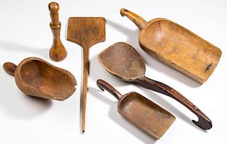 ASSORTED CARVED TREEN DOMESTIC UTENSILS, LOT OF SIX