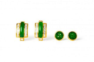 Two Pairs of Jade and Gold Earrings
