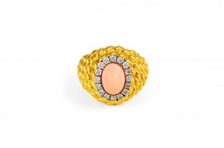 A Gold, Coral and Diamond Ring
