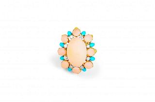 A Gold, Coral, Diamond and Turquoise Ring