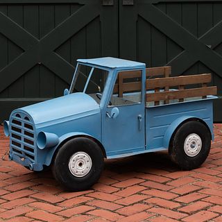 Miniature Blue Painted Metal and Wood Pick-Up Truck