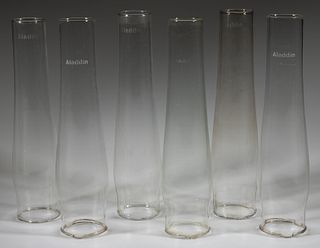 ALADDIN SINGLE LINE GLASS KEROSENE LAMP LOX-ON CHIMNEYS, LOT OF SIX