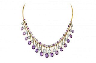 An Antique Amethyst and Aquamarine Drop Necklace