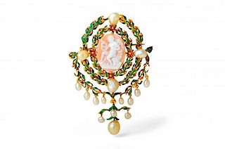 A French Antique Cameo Enamel and Natural Pearl Brooch