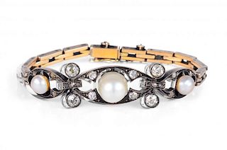 A Russian Antique Silver, Gold, Diamond and Pearl Bracelet