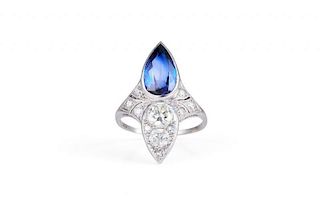 An Art Deco Platinum, Synthetic Sapphire and Diamond Ring