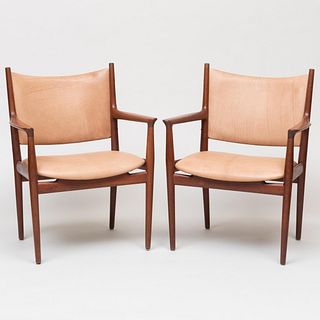 Pair of Hans Wegner For Hansen Teak Leather Upholstered 'JH-513' Armchairs