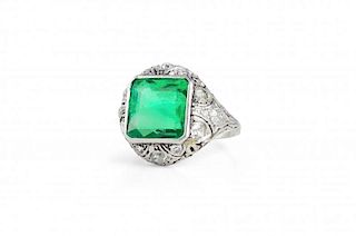 An Art Deco Platinum, Emerald & Diamond Ring