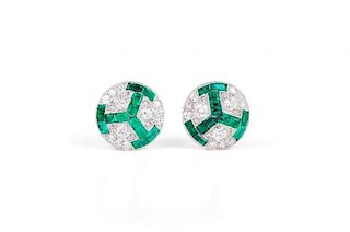 A Pair of Art Deco Platinum, Diamond and Emerald Earclips