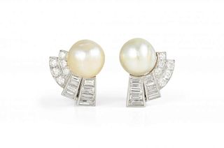 A Pair of Art Deco Platinum, Natural Pearl and Diamond Earrings