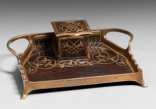 Erhard & Sohne - German Arts & Crafts Mahogany & Brass Inkwell Desk Piece c1905