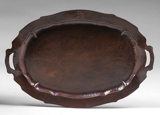 Massive William H. Pohlmann Hammered Copper Two-Handled Serving Tray c1905