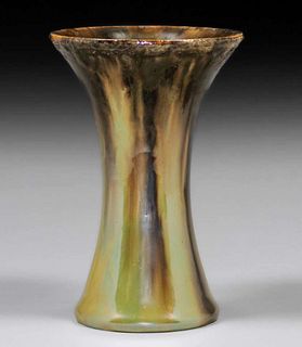 Fulper Pottery Corseted Green & Black Flambe Vase c1910s