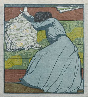 Max Kurweil Color Woodcut "Der Polster" (The Pillow) Portrait of Martha Kurweil 1903