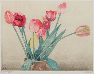 Walter J. Phillips Color Woodblock "Tulips" c1920s