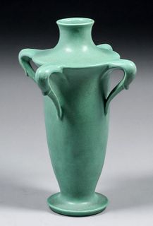 Teco Pottery #260 Four-Handled Matte Green Vase c1910
