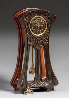 French Art Nouveau Bronze Overlay Mantle Clock c1905