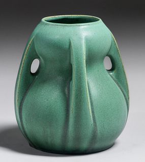 Teco Pottery #287 Matte Green Four-Handled Bulbous Vase c1910
